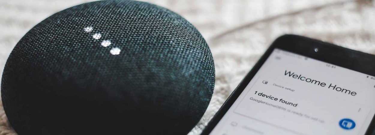 turned-on charcoal Google Home Mini and smartphone